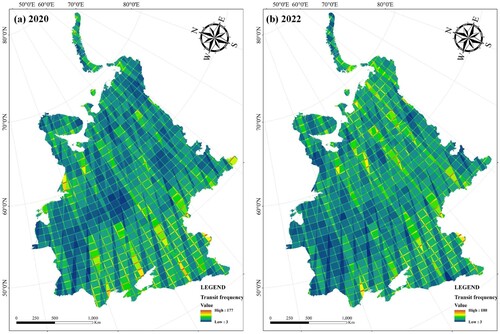 Figure 2. Image coverage during the growing seasons of 2020 (a) and 2022 (b) in the study area.