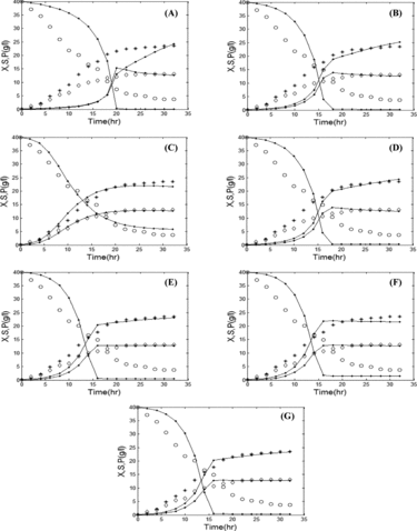 Figure 5. Comparison of the experimental and simulated data of fed-batch fermentation by various growth kinetic models: Aiba (a), Andrews (b), Contois (c), Haldane (d), Monod (e), Moser (f), and Tessier (g). Experimental concentrations of X (٭), S (○), and P (◊) vs. hybrid GA/PSO simulated data (solid lines). Note: X, biomass (B. licheniformis); S, substrate (glucose); P, product (protease). Initial concentration of substrate is 40 g/L; feed rate = 0.01 L/h.