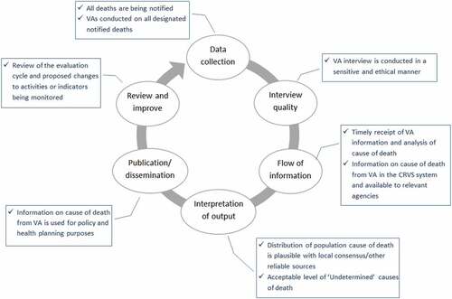 Figure 3. Example of a monitoring and evaluation cycle for verbal autopsy in civil registration and vital statistics (CRVS). VA = verbal autopsy.