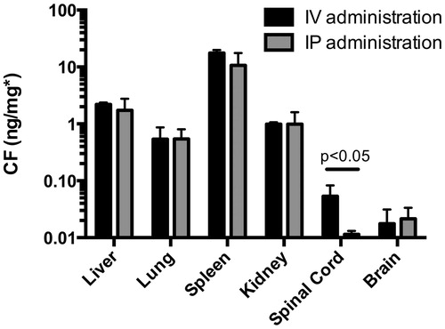 Figure 4. Tissue concentrations of liposomal CF after IV and IP administration of GSH-PEG liposomes (2.5 mg/kg CF). *CF concentration is the amount released from intact liposomes and expressed as ng extracted from 1 mg tissue.