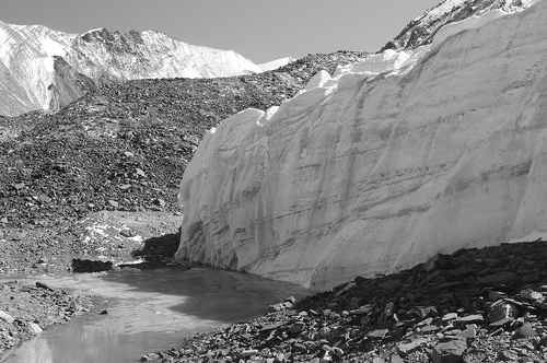 Figure 4 Ice front of the north-facing glacier (see Fig. 3) with meltwater (photo: M. Nüsser, 7 September 2009, 5260 m a.s.l.).