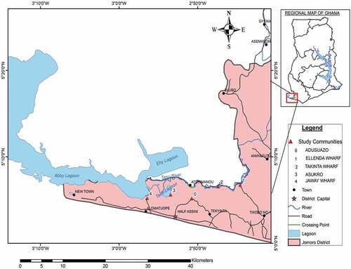 Figure 1. Map of Jomoro District showing the study areas and waterbodies.