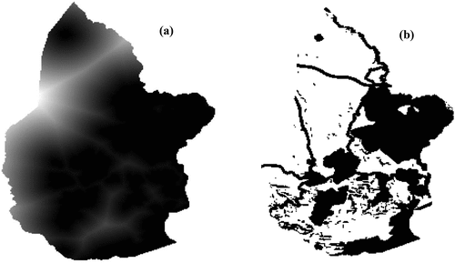 Figure 4. Map of the criterion: proximity to agglomerations (a) and the final constraint mask(b).