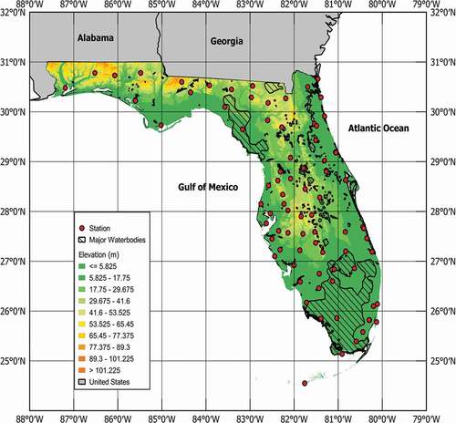 Figure 3. Study region with topography and location of P and T observation stations and water bodies