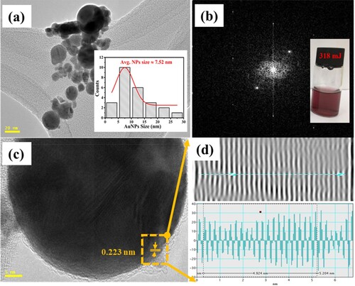 Figure 3 (a) TEM image of colloidal AuNPs produced in DIW at LAE of 318 mJ (Inset: AuNPs size distribution), (b) FFT pattern of the marked part of single AuNP (Inset: colour appearance of the colloidal AuNPs in the bottle), (c) HRTEM image, and (d) SLFP of the selected NP.