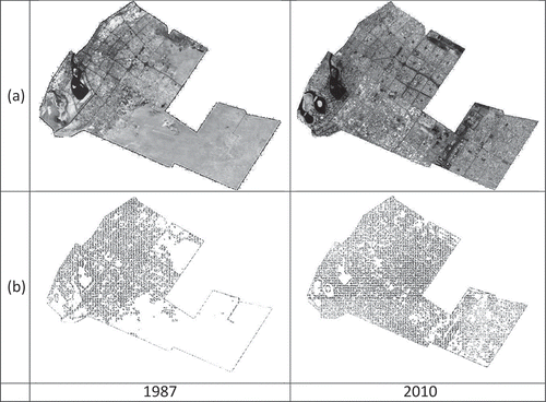 Figure 5. Landsat images for years 1987 and 2010: (a) registered images and (b) edge images.