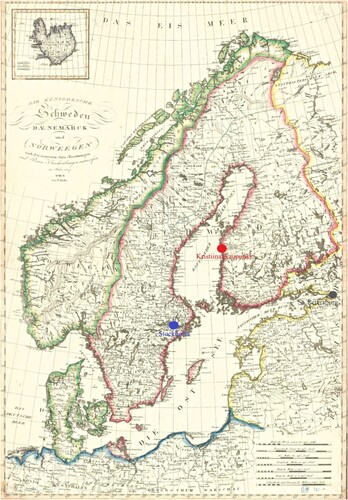 Map 1. Location of Kristiinankaupunki in relation to Stockholm, the capital of the Swedish Empire and to St. Petersburg, the capital of the Russian Empire. The map shows the borders of the Scandinavian countries in the year 1807. At that time, Finland was still part of Sweden. Two years later, she became a part of Russia. The source of the map: Mollo Tranquillo, Die Königreiche Schweden, Daenemarck und Norweegen: nach den neuesten astronomischen Orts-Bestimmungen und Reise-Beschreibungen entworfen im Jahre 1807. Available: https://www.doria.fi/handle/10024/146952. Sited 9th Jan 2024. CC0. The modifications to the map were made by the author.