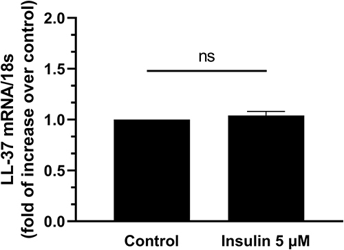 Figure 3 Insulin does not stimulate LL-37 mRNA expression in human adipocytes. In vitro differentiated human adipocytes were incubated for 24 hours with saline (control) and insulin (5 µM) and then PCR analysis of LL-37 mRNA expression was performed. Data are mean ± SD of five independent experiments.