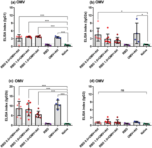 Figure 5. Comparison of the (a) IgG1, (b) IgG2a, (c) IgG2b, and (d) IgG3 recognizing C:2a:P1.5 OMVs in each group, using sera diluted at 1/100. The dotted line shows the cutoff value.