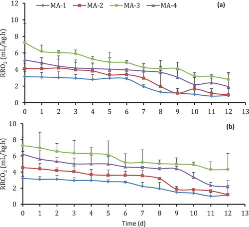 Figure 2. Effect of gas concentration on the calculated respiration rate (RR) oxygen (a) and carbon dioxide (b) of minimally processed pomegranate arils stored at 5°C for 12 days. Error bar represents standard deviation of mean values (n = 3) at 95% confident interval. MA-1: (5 kPa O2, 10 kPa, CO2 and 85 kPa N2); MA-2: (10 kPa O2, 5 kPa CO2 and 85 kPa N2), MA-3: (70 kPa O2, 10 kPa CO2 and 20 kPa N2); and MA-4 (air).Figura 2. Efecto de la concentración de gas en la frecuencia de respiración (FR) calculada, oxígeno (A) y dióxido de carbono (B) de arilos de granada mínimamente procesados y almacenados a 5°C durante 12 días. La barra de error representa la desviación estándar de los valores medios (n = 3) con un intervalo de confianza de 95%. MA-1: (5 kPa O2, 10 kPa, CO2 y 85 kPa N2); MA-2: (10 kPa O2, 5 kPa CO2 y 85 kPa N2), MA-3: (70 kPa O2, 10 kPa CO2 y 20 kPa N2); y MA-4 (aire).