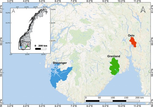 Fig. 1. Location of the Stavanger region and Grenland region in Norway
