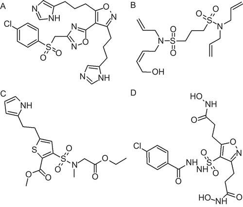 Figure 8.  2D representation of the final optimized compounds: (A) OPT-SEW-5, (B) OPT-NCI-1, (C) OPT-GK-1, and (D) OPT-CD-2.
