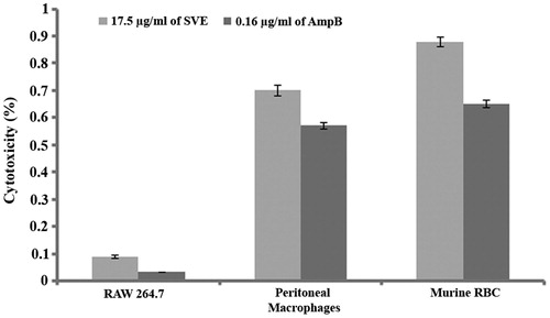 Figure 6. Percentage cytotoxicity of 17.5 μg/mL of SVE and 0.16 μg/mL of amphotericin B against RAW 264.7 macrophages, murine peritoneal macrophages and murine RBC was determined. Each value is the average of triplicate assay where presented data are mean ± SD.