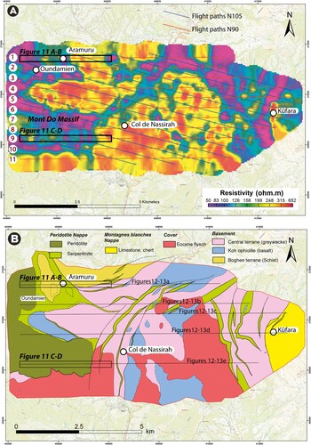 Figure 10. A, Resistivity grid between 15 and 20 m depth; B, simplified geological map of the surveyed area.