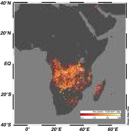 Fig. 9 Biomass burning active fire spots detected by MODIS satellite images (from NASA website) over southern and eastern Africa and Madagascar in July 2011.