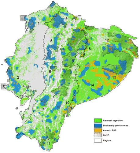 Figure 2. Important biodiversity areas in continental Ecuador selected from the best solution in Marxan. Numbers depicts 14 priority landscapes to improve the representation of the priority biodiversity areas within the National Protected Areas System.Notes: Landscape 1: Mache-Chindul, Landscape 2: Chongon-Colonche mountain range, Landscape 3: Dry and mesic forest of Zapotillo, Landscape 4: Cotacachi-Cayapas, Landscape 5: Illinizas-Mindo-Nambillo mountain range, Landscape 6: Central Andes, Landscape 7: Cajas massif, Landscape 8: Sumaco-Napo Galeras, Landscape 9: Sangay- Siete Iglesias, Landscape 10: Condor Kutukú mountain ranges, Landscape 11: Southern Andes, Landscape 12: Cuyabeno-Pañacocha, Landscape 13: Yasuní, Landscape 14: Pastaza & Santiago Watershed.
