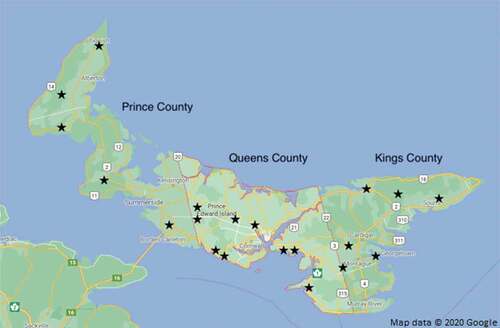 Fig. 1 Google maps screen capture with sample locations indicated and provincial counties labeled