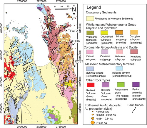 Figure 3. Geology of the Hauraki Goldfield and its surrounding areas (scale 1:250,000: Edbrooke Citation2001). Epithermal Au-Ag deposits are indicated by yellow circles, and their size refers to amount of gold production. KOST = Karangahake-Ohui structural trend, TWFZ = Tapu-Whitianga-Fault Zone, THHK = Tairua-Hikuai-Kaueranga Lineament.