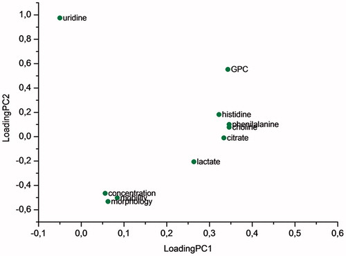 Figure 5. Loading plot of first principal component (PC1) and the second (PC2) variables. The plot suggests which metabolites contribute to the discrimination among samples playing a role in the detection between seminal plasma of unselected patients.