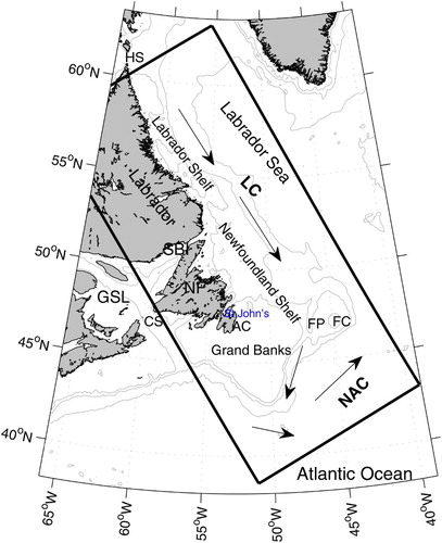 Fig. 1 Map showing the Labrador and Newfoundland Shelves and adjacent northwest Atlantic Ocean as well as the model boundaries (thick solid lines). The isobaths displayed are 200, 1000, and 3000 m. SBI is Strait of Belle Isle, and GSL is the Gulf of St. Lawrence. HS is Hudson strait, and CS is the Cabot Strait. FP and FC are Flemish Pass and Flemish Cap, respectively. AC is the Avalon Channel. NAC stands for the North Atlantic Current and LC for the Labrador Current.