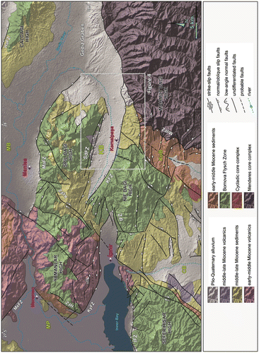 Figure 2. Simplified geological map of the Kemalpaşa Basin and surrounding area with draped on topographic data (compiled from Sözbilir et al., Citation2011; Özkaymak et al., Citation2013; Uzel, Sözbilir, Özkaymak, Kaymakcı, & Langereis, Citation2013). Abbreviations: KB, Kemalpaşa Basin; MB, Manisa Basin; CB, Cumaovası Basin; KOB, Kocaçay Basin; MP, Menemen Plain; MeFZ, Menemen Fault Zone; SdFZ, Spildağı Fault Zone; KFZ, Kemalpaşa Fault Zone; IFZ, Izmir Fault Zone; MdFZ, Mahmutdağı Fault Zone; HaFZ, Halitpaşa Fault Zone.