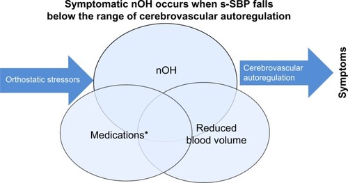 Figure 1 Overlapping causes of symptomatic nOH (Venn diagram): 1) autonomic failure of NE pathways upon standing; 2) dopaminergic and other medications causing lower SBP; and 3) suboptimal hydration leading to reduced circulating blood volume.