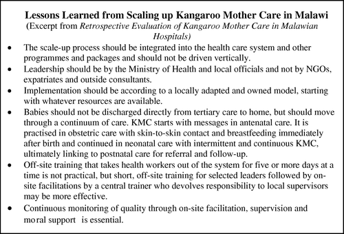 Figure 1.  Building on the existing health system to expand a proven, low-cost intervention for low birthweight babies, Malawi Zomba Central Hospital became a training and demonstration center for introducing and expanding Kangaroo Mother Care throughout the country. Source: Bergh et al. (Citation2007).