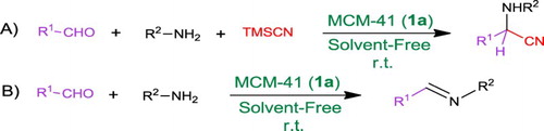 Scheme 1. (A) The Strecker reaction of different aldehydes and amines with TMSCN; and (B) synthesis of imines catalyzed by pure MCM-41 (1a).