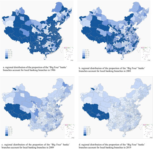 Figure 2. The regional distribution of the proportion of the ‘Big Four’ banks’ branches account for local banking branches in 1986, 2001, 2009 and 2019.Data Source: China Banking and Insurance Regulatory Commission (CBRC) website.Source: this study.