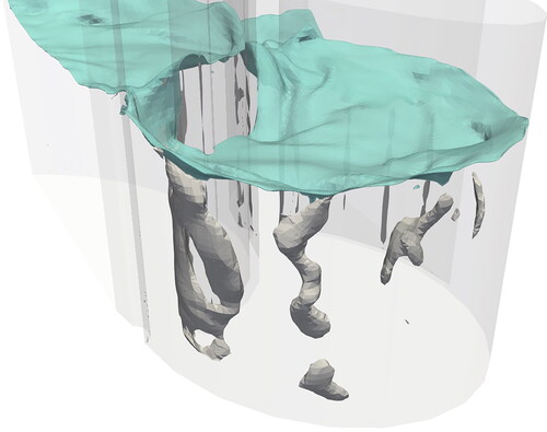 Figure 12. Eddies (grey) extracted from basin 5 under the entire water surface (light blue) of the MF at t = 100 s, shown from an isometric view (orientation axis lower-left corner). The eddy shedding starts directly after the upstream slot and does not change its rotation axis inside the basin.