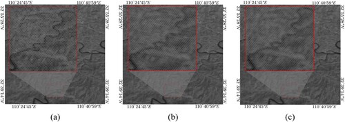 Figure 13. Results of the hexagonal pixel modeling of the Landsat8. (a) Proposed method. (b) Bilinear interpolation. (c) Nearest-neighbor interpolation.