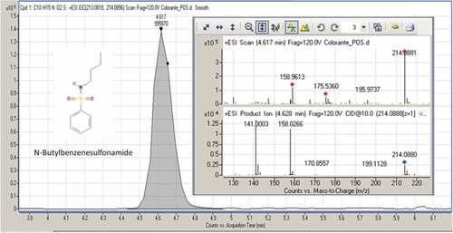 Figure 2. MS/MS spectrum and fragmentation pattern of N-butylbenzenesulfonamide