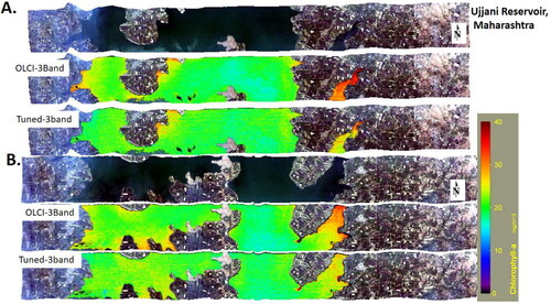 Figure 9. Application of tuned 3-band and OLCI specific 3-band red-NIR algorithms to estimate Chlorophyll-a from two AVIRIS-NG imagery acquired over Ujjani Reservoir, Maharashtra.