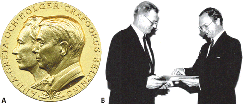 Figure 4. A. The Craaford Prize medal front, awarded to Dolf in 1992; and B. Dolf receiving the Craaford prize from King of Sweden (photograph courtesy of Edith Seilacher).