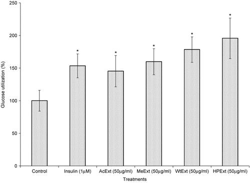 Figure 3.  The effect of V. amygdalina extracts on glucose utilization in the C2C12 muscle cells. Cells were exposed to 50 μg/ml during the glucose utilization experiment. Data represents the mean ± SD (n = 10). AcExt: acetone extract; MeExt: methanol extract; WtExt: water extract; HPExt: n-hexane/isopropanol extract. *p < 0.05 compared to control.