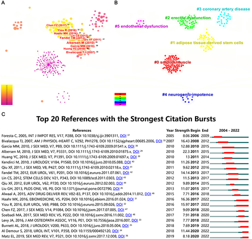 Figure 6 Visualization results of references on the research of SCT for ED. (A) Co-citation analysis of references. The size of the nodes represents the number of citations of the references, and the depth of the color represents the publication year of the references. (B) Clustering analysis of references. The same color represents a cluster. (C) Burst analysis of references. The red portion of the blue line represents the burst duration of the reference.