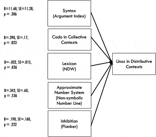 Figure 11. Flat-structured multiple regression model of collective implicature interpretations. Only cada (B = .195, SE = .082, p = .039) and Lexicon (B = -.032, SE = .01, p = .036) are significant. AIC = 158.35.
