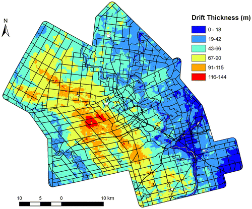 Figure 4. Thickness of Quaternary sediments within the Waterloo Region.
