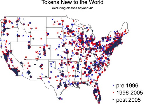 Figure 1. Census tracts contributing significant new word tokens in US Patent and Trademark Office (USPTO) trademark descriptions.Note: Symbol size indicates the number of new tokens contributed (larger indicates more tokens) in three time periods (indicated by the style and colour of the symbols). Identified are the concentrations of innovations in spatial proximity, similar to maps of scientific publications and patents (Balland et al., Citation2020) and of local labour markets using commuter flows (Nelson & Rae, Citation2016). These clusters occur in 10 megaregions (e.g., Northeast, Northern California, Southern California) first identified by Lang and Nelson (Citation2007). Due to classification changes, Nice classes 43–45 are excluded for consistency.