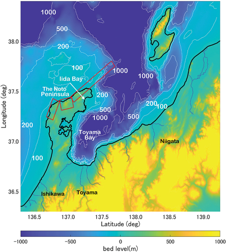 Figure 1. Geometrical characteristics around the Noto Peninsula. Red rectangular frames indicate the fault model of the 2024 Noto Peninsula Earthquake provided by Geo-Spatial Information Authority of Japan (GSI). Thin white line indicates the depth contour line, and blue lines indicate the lower reaches of the rivers.