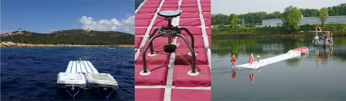 Figure 2. Photos of CalNaGeo. Left: for offshore use (open ocean; two inflatable boats) during this experiment (the GNSS-Zodiac can be seen on the right in the background and the lighthouse, where the reference receiver is, on the left in the background). Right: for inshore use (coastal ocean, lakes, rivers; one inflatable boat) during a campaign on the Seine river, France in June 2017. Middle: zoom on the gimbal system (photo from another experiment).