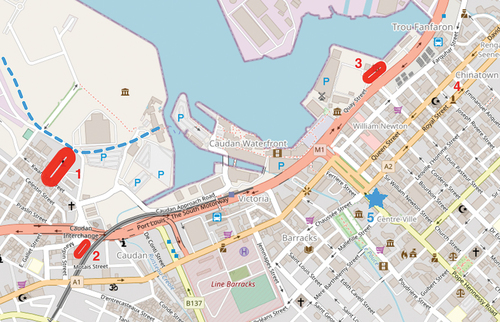 Figure 10. The location of Kwan Tee Pagoda in Port Louis (1: Kwan Tee Pagoda. 2: Heen Foh Lee Kwon Pagoda. 3: Aapravasi Ghat. 4: Chinatown. 5: government house. Dotted blue line near 1: roughly the original coastline in late 1800s, drawn by the author based on a photo taken in 1899, available at vintagemauritius.Org. Map source: OpenStreetMap).