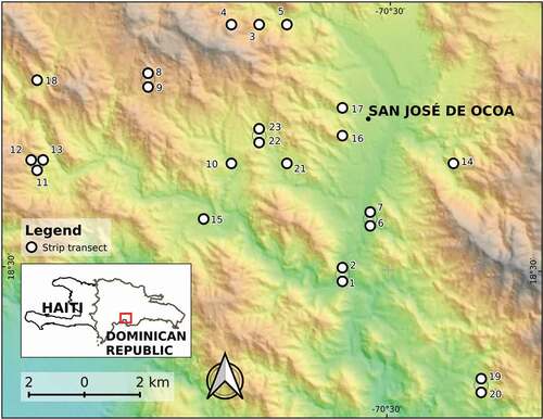 Figure 1. Location map of 23 sampling sites (circles filled white), showing the town of San José de Ocoa (see a description of the rock/landform attributes of the sites in Table A1). The overlapping points are depicted slightly displaced from their actual positions to ensure that all become visible. The background is a color shaded-relief view (red-white is highland, green is lowland) based on a 30-m SRTM DEM (Ref: NASA LP DAAC, 2000. SRTM 1 Arc-Second Global, https://earthexplorer.usgs.gov/. Published September 2014). The bottom-left inset shows the area in the context of the Dominican Republic
