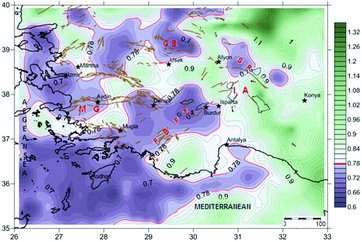 Figure 9. b value map including earthquakes that occurred at depths from 0 to 15 km. The average b value is indicated with the red line.