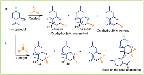 Figure 22. A scheme of (-)-isopulegol condensation with aldehydes (a) and ketones (b) carbonyl compounds to substituted octahydro-2H-chromenes.