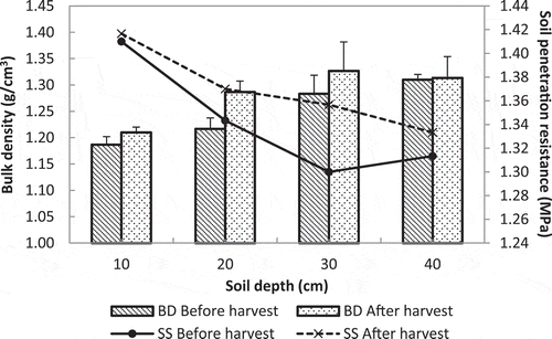 Figure 4. Mean bulk density (BD) and soil penetration resistance (SS) before and after reaper harvesting