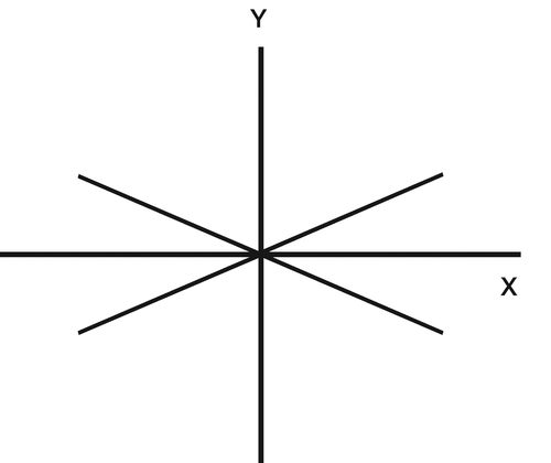 Figure 1. Four displacement vectors are shown in the x–y plane. Each is symmetrically distributed about the x-axis and the y-axis. The mean of the vector components in the x- or y-directions would be reported as zero even though each individual vector is much greater than zero.