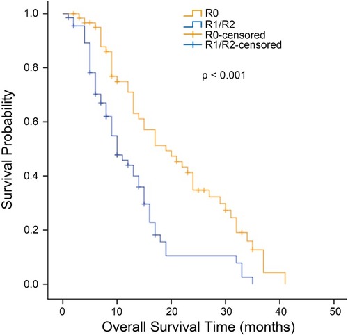 Figure 3 Kaplan–Meier analysis of overall survival in patients who underwent metastasectomy according to the residual disease state. The residual disease state of each patient was documented as the presence or absence of gross residual disease, which was classified as negative resection margins (R0), microscopic tumor infiltration (R1), and macroscopic residual tumor (R2).