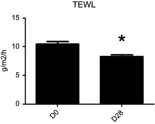 Figure 1 Evolution of transepidermal water loss (TEWL). *P=0.002; Wilcoxon test.