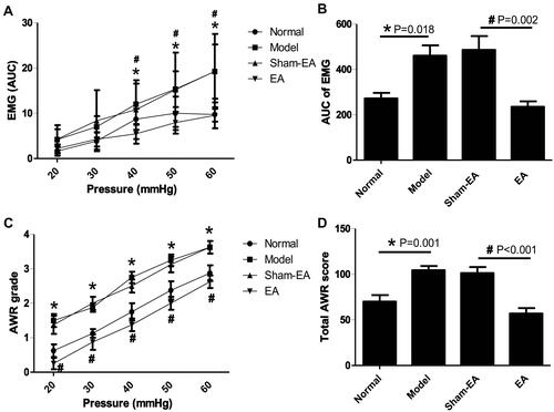 Figure 3 Effects of repetitive EA on EMG and AWR in rats after recovery from inflammation. (A) EMG responses to colorectal distention in different groups of rats. Normal: no treatment; Model: treated with DSS; EA: treated with DSS and then 2-weeks of daily EA; Sham-EA: same as EA but without electrical stimulation. (B) The total area under curve (AUC) of EMG under all distention pressures in different groups of rats. (C) AWR scores under different pressures of colorectal distention. (D) The total AWR score under all distention pressures in different groups of rats. *P<0.05, Model vs Normal. #P<0.05, EA vs Sham-EA.